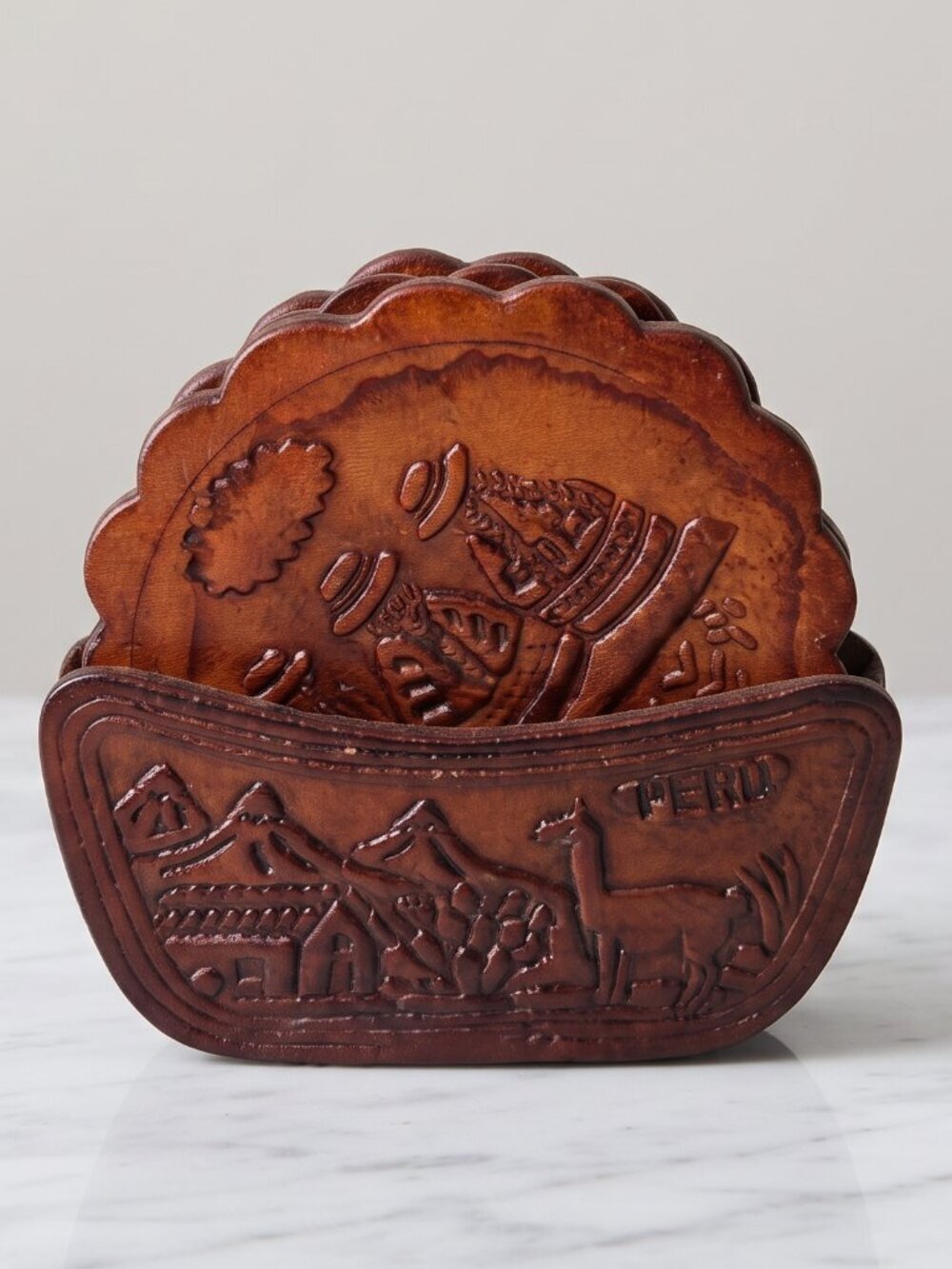 Vintage Peruvian Tooled Leather Coaster Set w/ Holder – Set of 6 Brown Stamped
